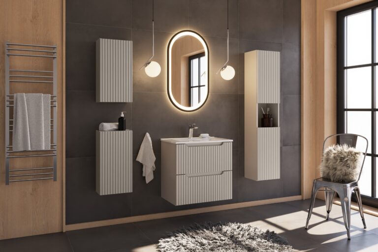 Meble łazienkowe z szafką i umywalką meblową, szafką wysoką, szafkami wiszącymi, lustrem oraz baterią - Nova - Cashmere / Kaszmir - Comad