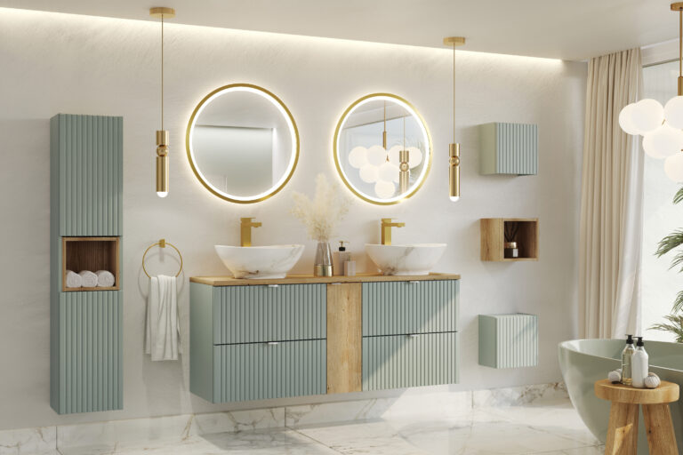 Meble łazienkowe z umywalkami nablatowymi, regałami otwartymi, regałami zamkniętymi oraz lustrami - Line Reed Green - Szałwia - Comad