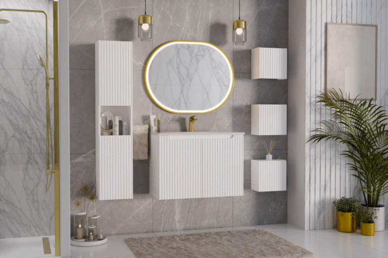 Meble łazienkowe z umywalką meblową, szafką pod umywalkę, regałami zamkniętymi, szafką wysoką, lustrem oraz baterią - Nova - White / Biały - Comad