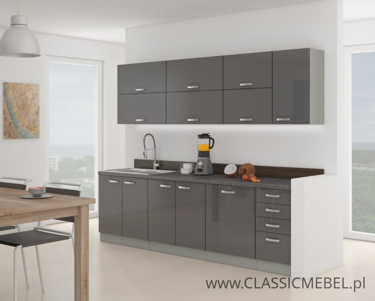 Meble Kuchenne Grey Szary Połysk Zestaw 260 cm + Blat - Lempert
