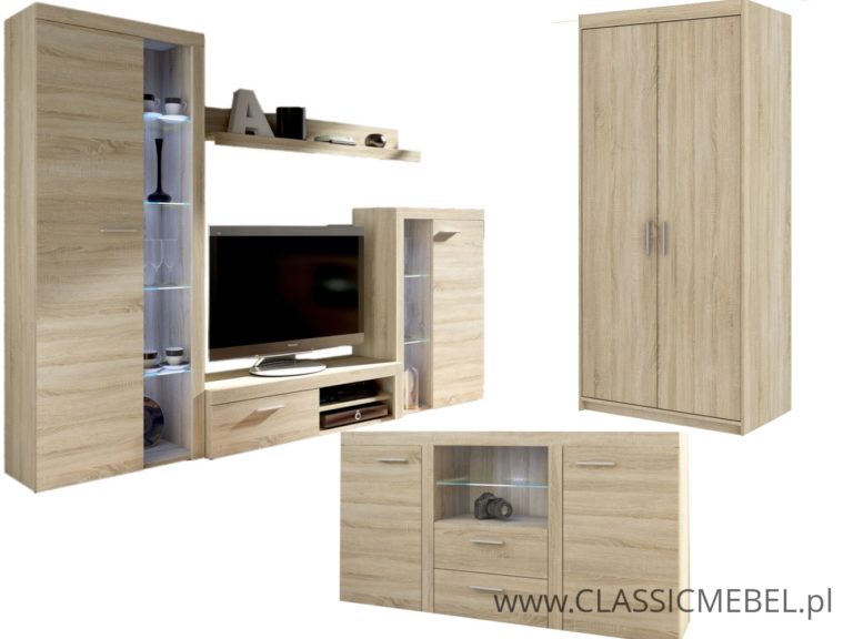 Meblościanka Rumba + Komoda Rumba + Szafa Rumba 2D – Dąb Sonoma - Lempert