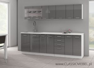 Meble Kuchenne Sonia Szary Połysk + Blaty Biały Mat