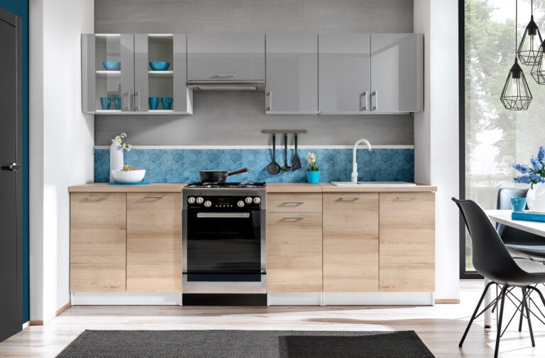 Meble Kuchenne Max Szary Połysk + Buk Artisan 2,6 m - Layman