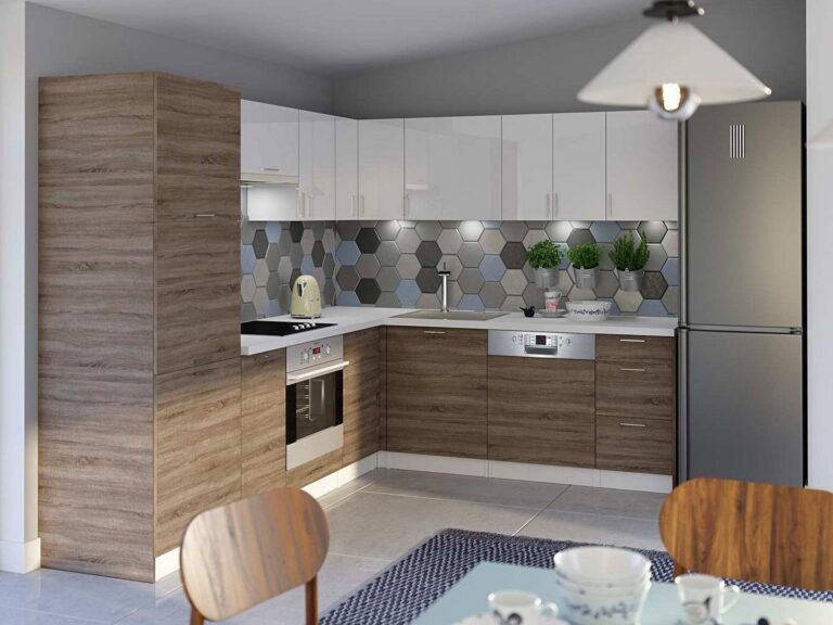 Meble Kuchenne Max Biały Połysk + Sonoma Ciemna - Kuchnia Narożna Layman