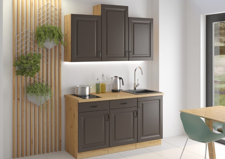 Meble Szafki Kuchenne W Stylu Skandynawskim Stilo 150 cm Grafit / Dąb Artisan + Blat - Lempert