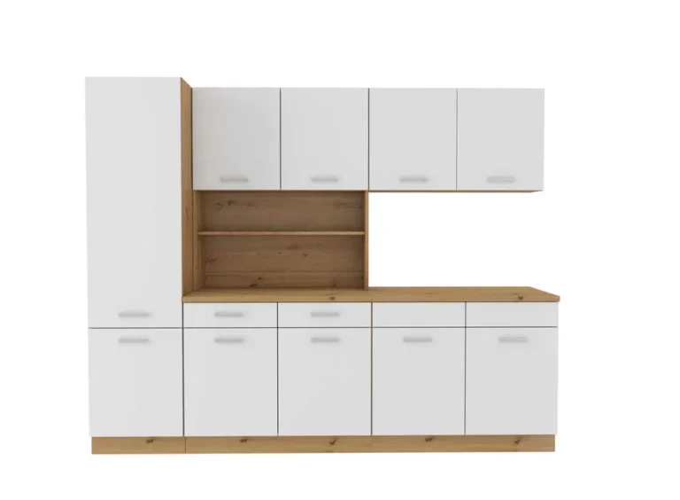 Meble Kuchenne Maria Kredens z Szafkami ze Spiżarką i Blatem - Biały/Dąb Artisan - Lempert