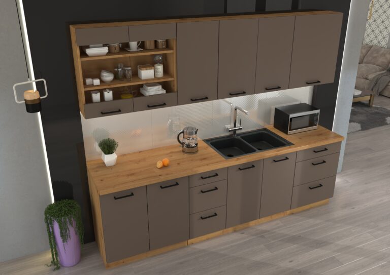 Meble Szafki Kuchenne Bolonia Trufel Grey/Dąb Artisan Zestaw 260 cm + Blat