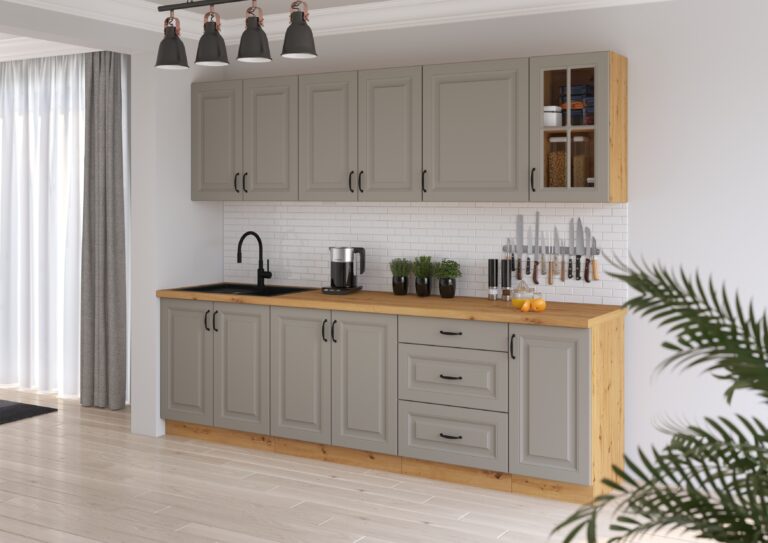 Meble Szafki Kuchenne W Stylu Skandynawskim Stilo Clay Grey / Dąb Artisan 260 cm + Blat - Lempert