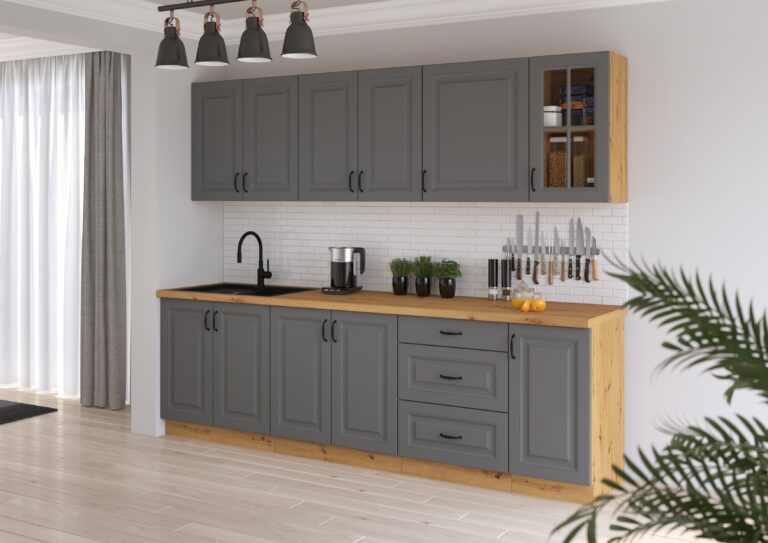 Meble Szafki Kuchenne W Stylu Skandynawskim Stilo Dust Grey / Dąb Artisan 260 cm + Blat - Lempert