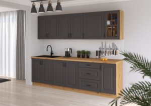 Meble Szafki Kuchenne W Stylu Skandynawskim Stilo Grafit / Dąb Artisan 260 cm + Blat - Lempert