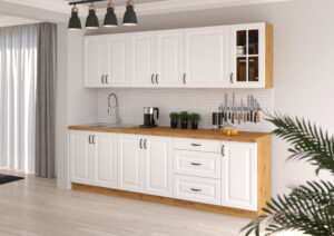 Meble Szafki Kuchenne W Stylu Skandynawskim Stilo Biały / Dąb Artisan 260 cm + Blat - Lempert