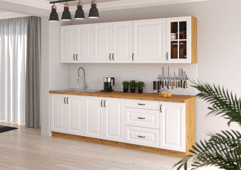 Meble Szafki Kuchenne W Stylu Skandynawskim Stilo Biały / Dąb Artisan 260 cm + Blat - Lempert