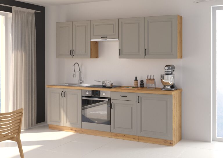 Meble Szafki Kuchenne W Stylu Skandynawskim Stilo 250 cm Clay Grey / Dąb Artisan + Blat - Lempert