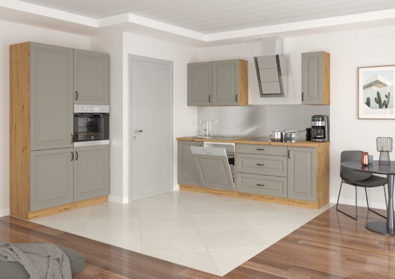 Meble Szafki Kuchenne W Stylu Skandynawskim Stilo Clay Grey Ramka / Dąb Artisan + Blat - Lempert
