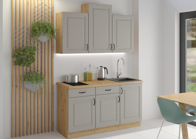 Meble Szafki Kuchenne W Stylu Skandynawskim Stilo 150 cm Clay Grey Ramka / Dąb Artisan + Blat - Lempert