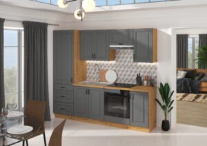 Meble Szafki Kuchenne W Stylu Skandynawskim Stilo Dust Grey Ramka / Dąb Artisan + Blat - Lempert