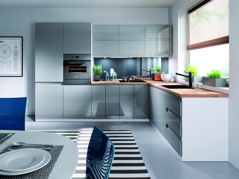 Meble Szafki Kuchenne Aspen MDF Szary Lakier Połysk Zestaw Dla Klienta - Gała Meble