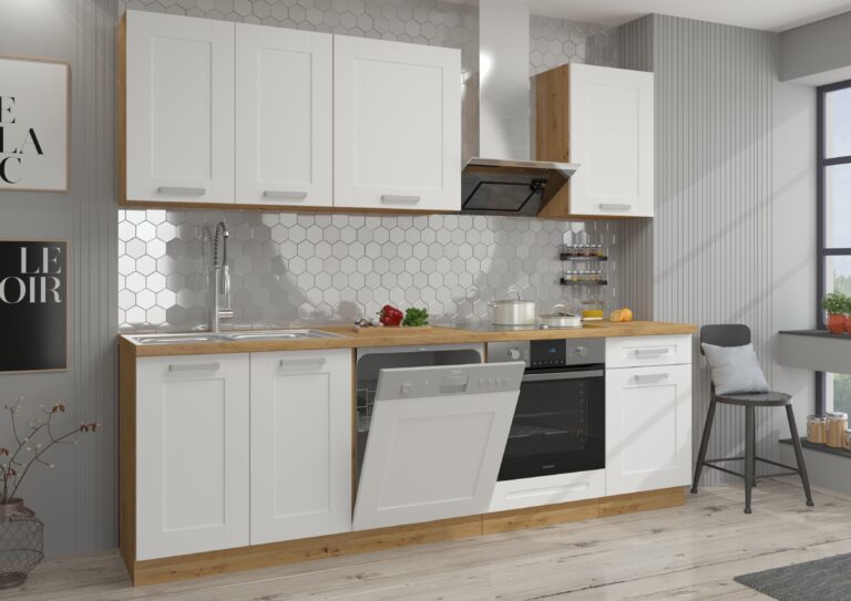 Meble Szafki Kuchenne W Stylu Skandynawskim Luna Ramka Biały/ Dąb Artisan 250 cm - Lempert