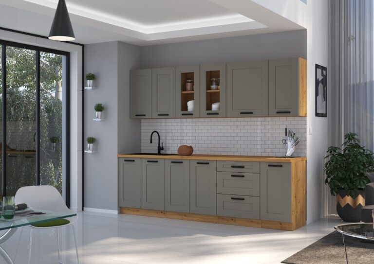 Meble Szafki Kuchenne W Stylu Skandynawskim Luna Ramka Clay Grey / Dąb Artisan 260 cm - Lempert