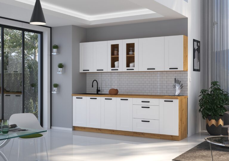 Meble Szafki Kuchenne Luna Ramka Biały / Dąb Artisan 260 cm + 60 D GAZ + Blat 320 cm - Lempert