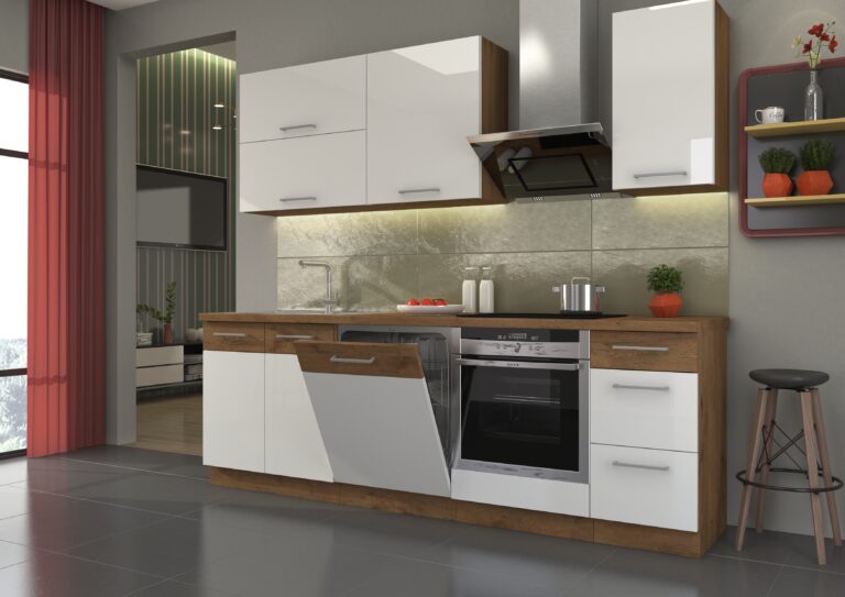 Meble Szafki Kuchenne Vigo Biały Połysk/Dąb Lancelot 240 cm - Lempert