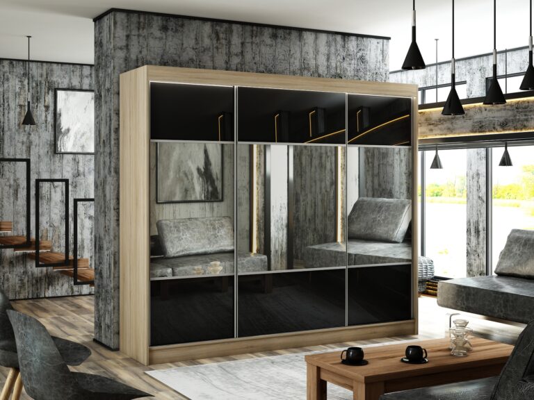 Szafa Przesuwna Rico 250 cm Lustro Dąb Sonoma/Lakobel Czarny - Arton