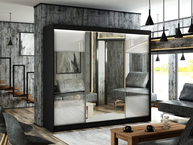 Szafa Przesuwna Rico 250 cm Lustro Duże Czarny/Lakobel Biały - Arton