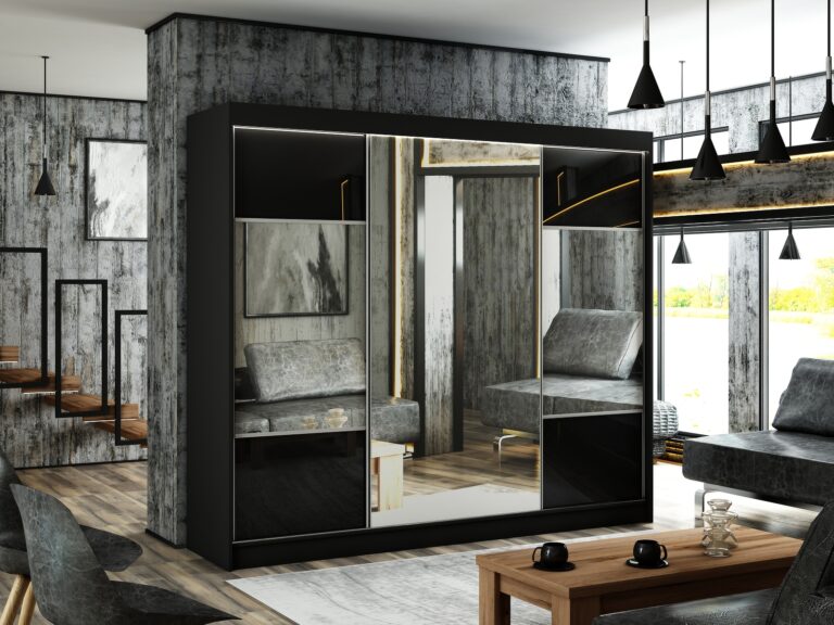 Szafa Przesuwna Rico 250 cm Lustro Duże Czarny/Lakobel Czarny - Arton