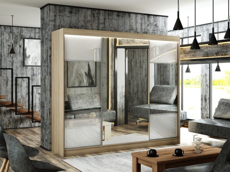 Szafa Przesuwna Rico 250 cm Lustro Duże Dąb Sonoma/Lakobel Biały - Arton