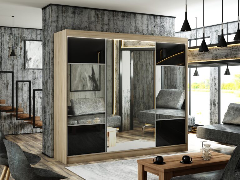 Szafa Przesuwna Rico 250 cm Lustro Duże Dąb Sonoma/Lakobel Czarny - Arton