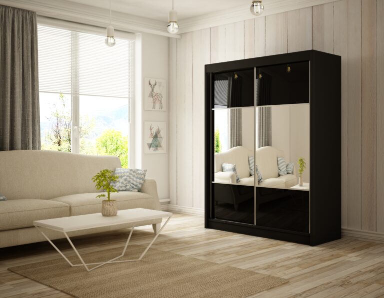 Szafa Przesuwna Rico 150 cm Lustro Czarny/Lakobel Czarny - Arton