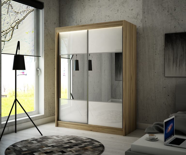 Szafa Przesuwna Rico 200 cm Lustro Dąb Craft Złoty/Lakobel Biały - Arton