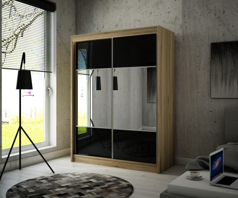 Szafa Przesuwna Rico 200 cm Lustro Dąb Craft Złoty/Lakobel Czarny - Arton