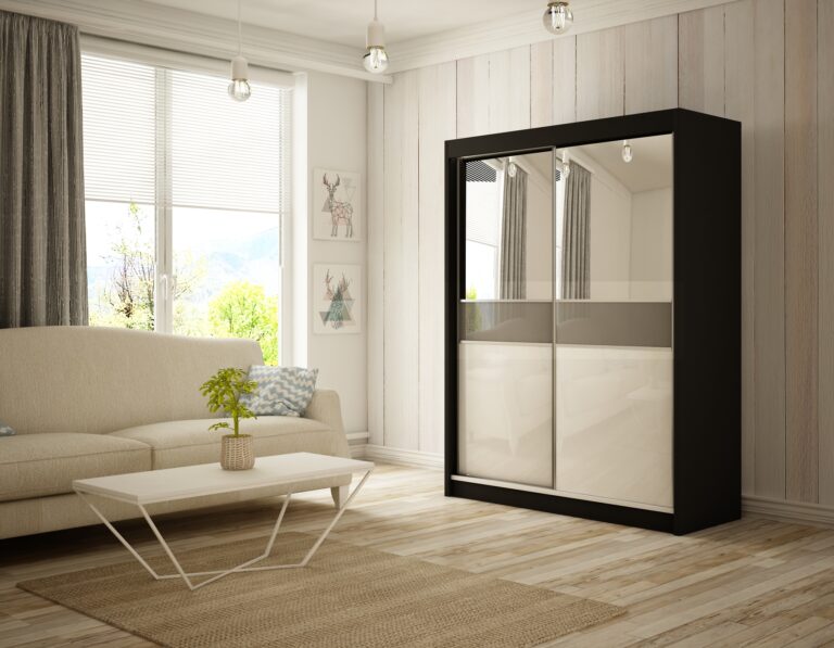 Szafa Przesuwna Tito Lustro 150 cm Czarny + Biały/Lakobel Szary - Arton