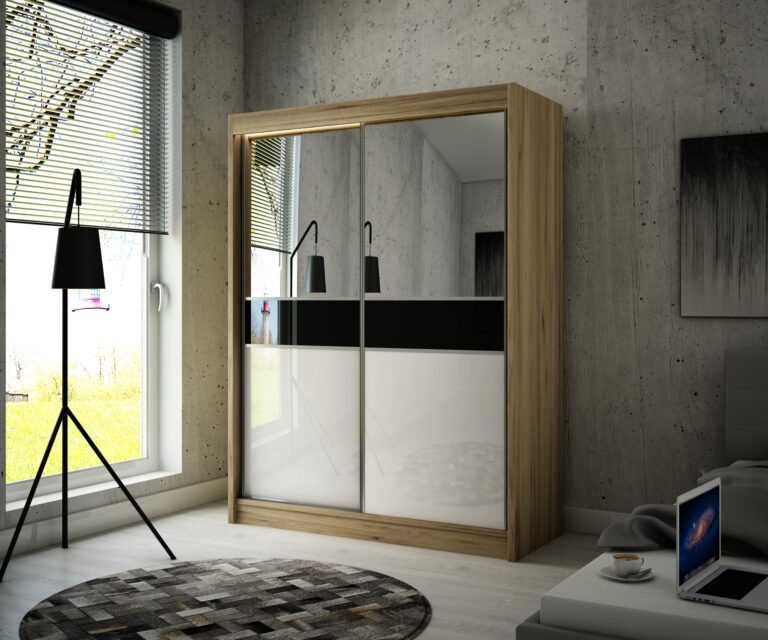 Szafa Przesuwna Tito Lustro 200 cm Dąb Craft Złoty + Biały/Lakobel Czarny - Arton