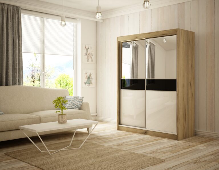 Szafa Przesuwna Tito Lustro 150 cm Dąb Craft Złoty + Biały/Lakobel Czarny - Arton