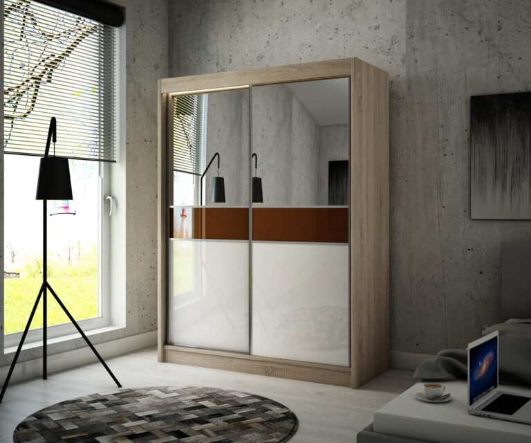 Szafa Przesuwna Tito Lustro 200 cm Dąb Sonoma + Biały/Lakobel Czekoladowy - Arton