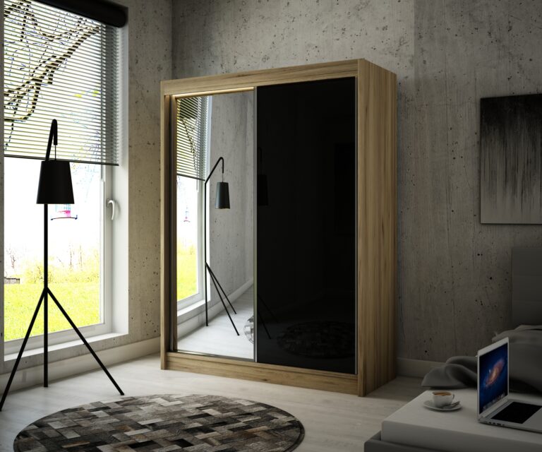 Szafa Przesuwna Velis Lustro 150 cm Dąb Craft Złoty/Lakobel Czarny - Arton