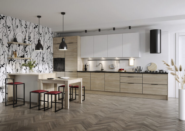 Meble Kuchenne KamMono K2 Dąb Szary + P4 Biały Super Mat 460 cm