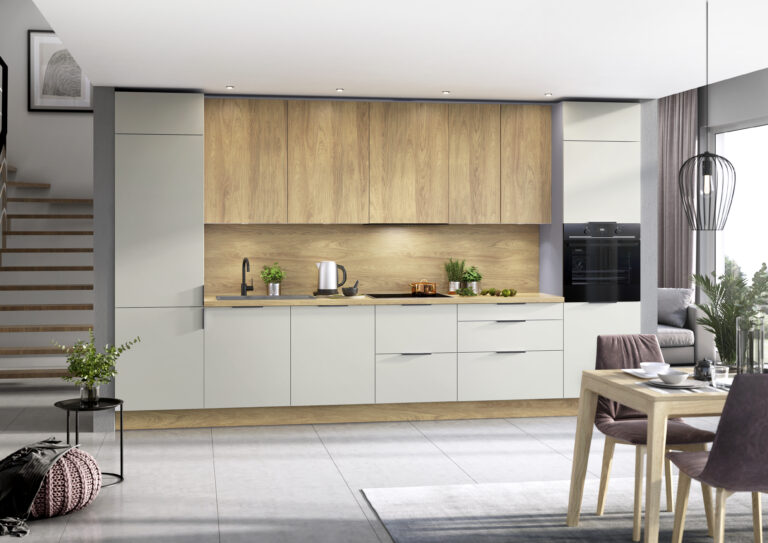 Meble Kuchenne KamMono M4 Beż Super Mat + P2 Dąb Hikora Naturalna 380 cm