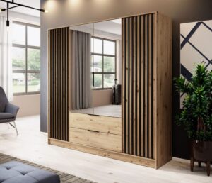 Szafa Nelly 4D z lustrami i z lamelami - Artisan / Lamela Czarna - Piaski