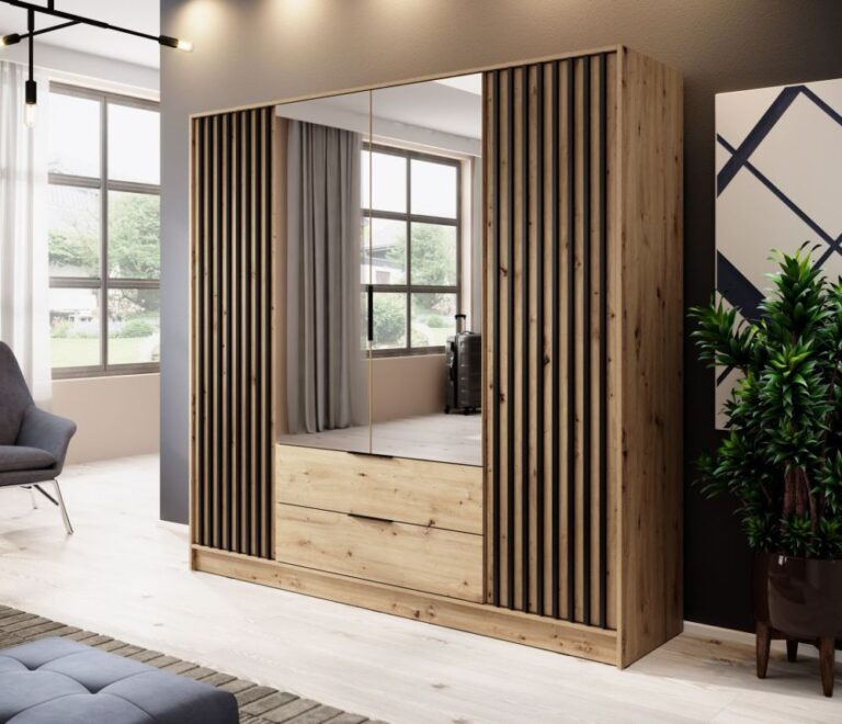 Szafa Nelly 4D z lustrami i z lamelami - Artisan / Lamela Czarna - Piaski