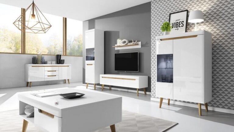 Zestaw mebli do salonu Nordi - Biały Połysk / Dąb Riviera - Piaski