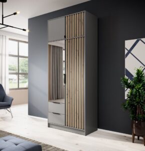 Szafa Nelly z lamelami 2D z nadstawką - Lustro - Szara / Lamela Artisan - Piaski