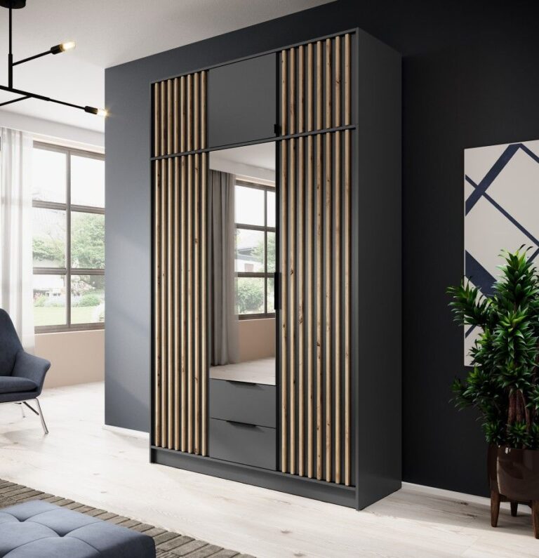 Szafa Nelly 3D z nadstawką - Lustro - z lamelami - Grafit / Lamela Artisan - Piaski