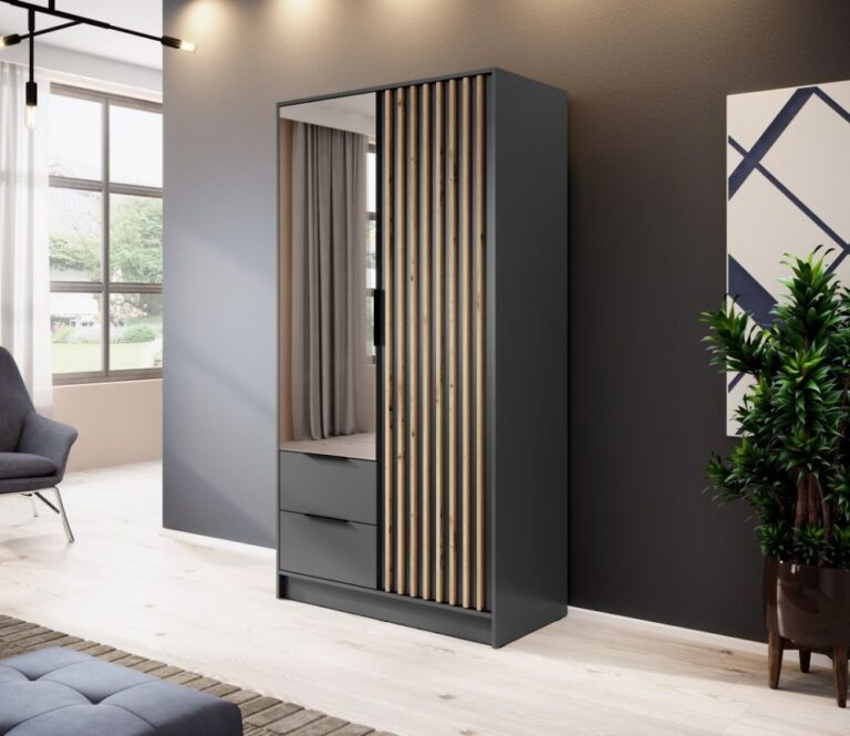 Szafa Nelly z lamelami 2D z lustrem - Grafit / Lamela Artisan - Piaski