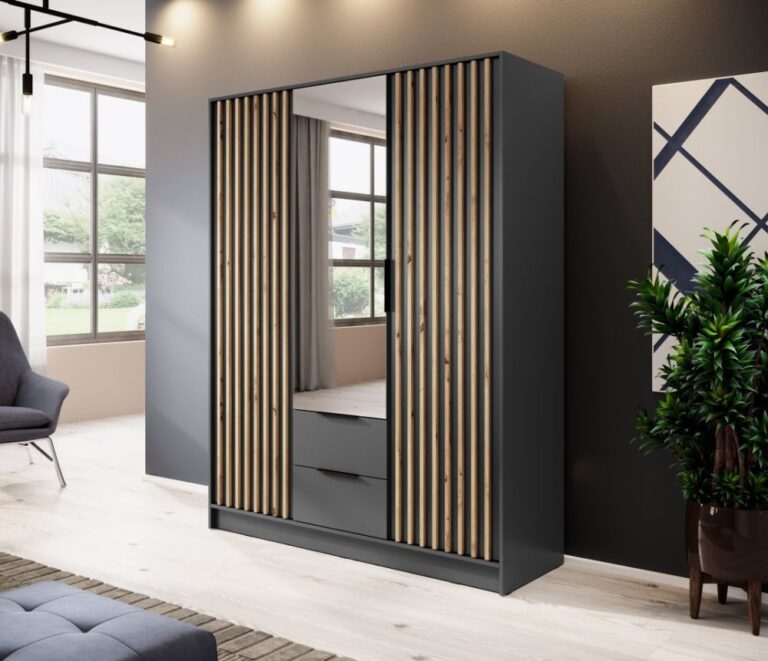 Szafa Nelly 3D z lustrem i z lamelami - Grafit / Lamela Artisan - Piaski