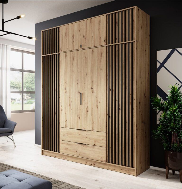 Szafa z nadstawką Nelly 4D z lamelami - Artisan / Lamela Czarna - Piaski