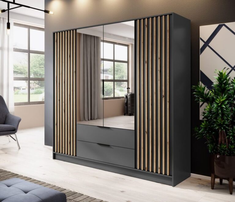 Szafa Nelly 4D z lustrami i z lamelami - Grafit / Lamela Artisan - Piaski