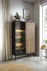 Witryna wysoka WTSZ104 w stylu loftowym Sento z oświetleniem - Czarny / Dąb Wotan Piaski